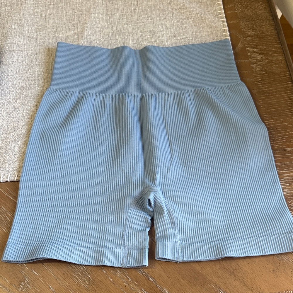 Ribbed High-Waist Bike Shorts Trio - Black, Gray, Light Blue - Picture 3 of 5